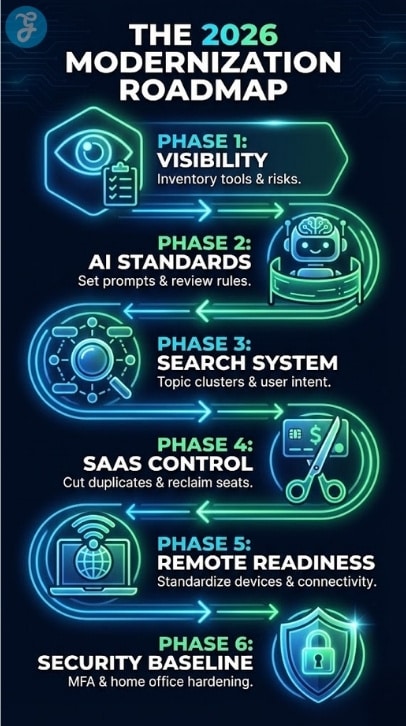 Infographic displaying the 6 pillars of SME modernization: AI governance, content systems, search intent, SaaS control, remote readiness, and security.