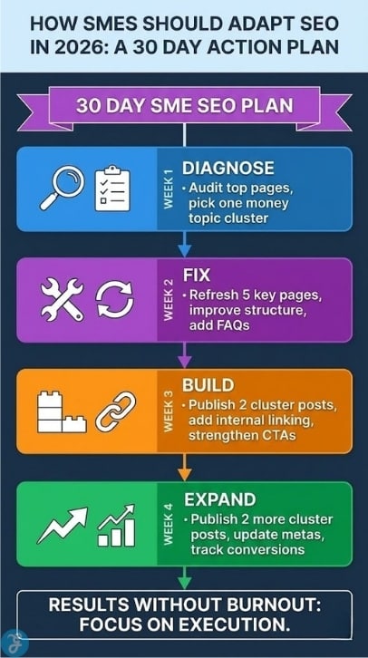 30-day SME SEO action plan infographic outlining weekly steps: Diagnose, Fix, Build, and Expand.