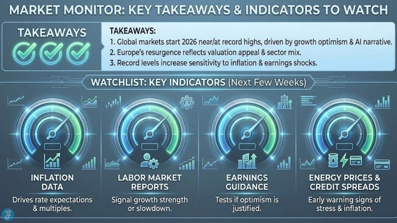 Financial dashboard infographic displaying key 2026 market takeaways, inflation data, and watchlist indicators for investors.