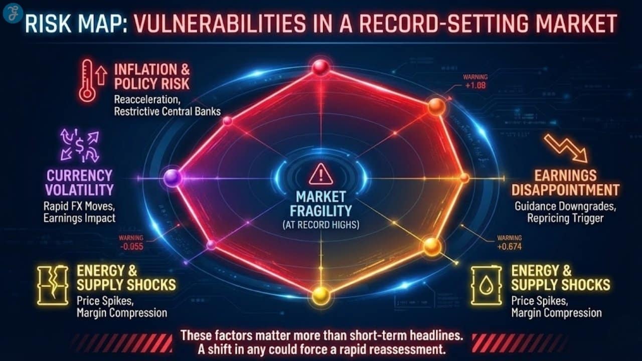 Radar chart assessing market vulnerabilities at record highs, including inflation risks, earnings disappointment, and energy shocks.