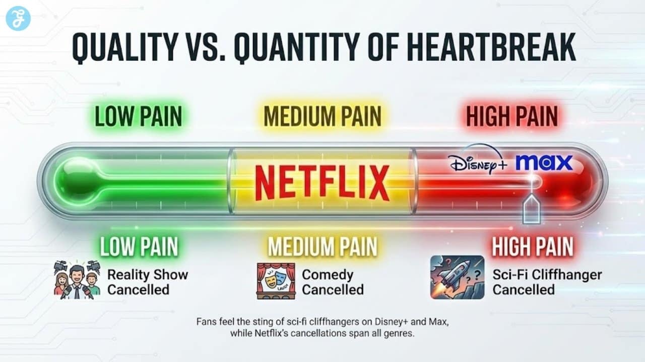 "Pain Scale" infographic showing that while Netflix cancels across all genres, cancellations of sci-fi cliffhangers on services like Max and Disney+ feel more painful to fans.