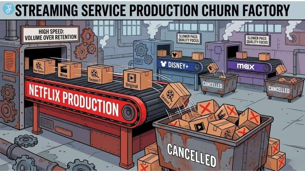 Illustration of a "churn factory" showing Netflix's high-speed production line resulting in more dropped (cancelled) shows compared to slower competitors.