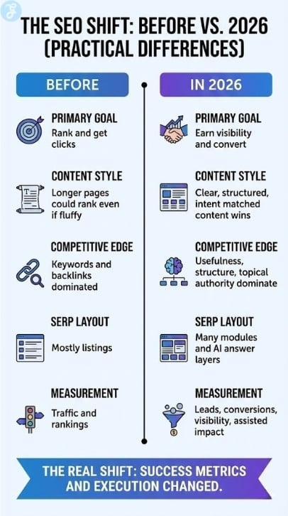 Comparison chart showing Old SEO focus on keywords and traffic versus New SEO focus on intent, usefulness, and conversions.