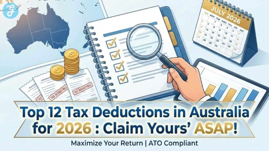 Featured image displaying the title Top 12 Tax Deductions in Australia for 2026 with Australian map and financial documents.