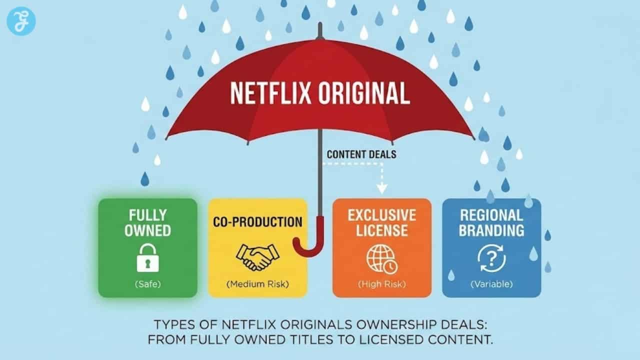 Infographic showing the four types of "Netflix Original" deals, from fully owned titles to licensed content, explaining why some are removed.
