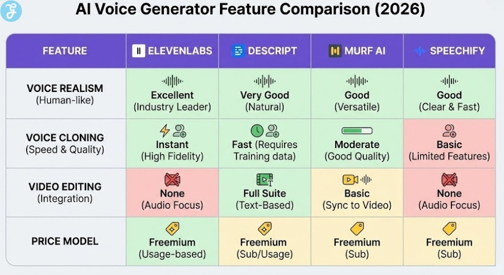 A table infographic titled 'AI Voice Generator Feature Comparison (2026)'. It compares ElevenLabs, Descript, Murf AI, and Speechify across 'VOICE REALISM', 'VOICE CLONING', 'VIDEO EDITING', and 'PRICE MODEL'. The table uses icons and color-coding (green for good, red for bad, yellow for neutral) to show the strengths and weaknesses of each software for different features.