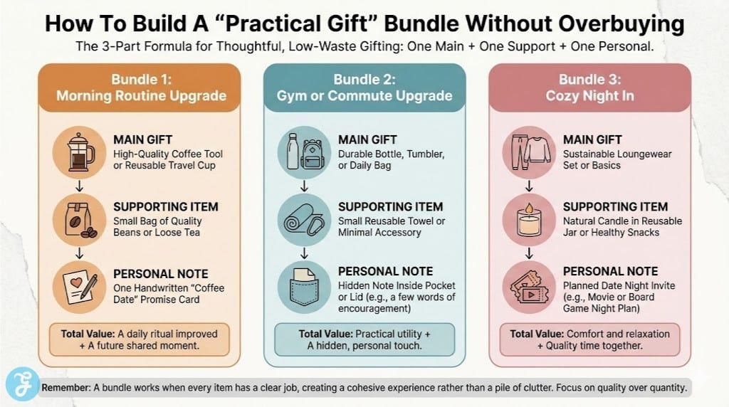 Infographic titled "How To Build A Practical Gift Bundle" showing three templates: Morning Routine Upgrade, Gym or Commute Upgrade, and Cozy Night In. Each bundle visually connects a main gift, a supporting item, and a personal note.
