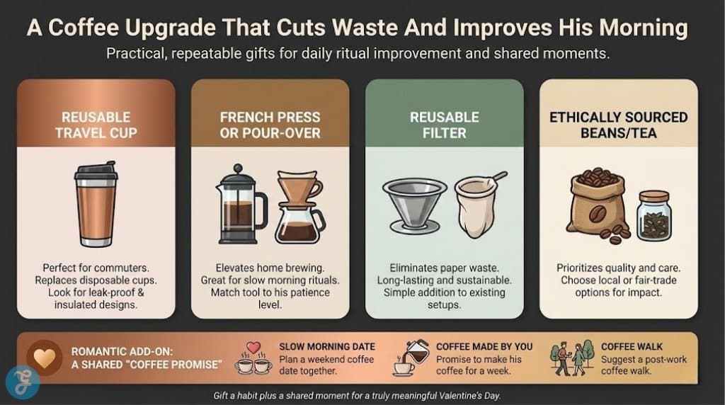 Infographic highlighting eco-friendly coffee gifts: Reusable Travel Cup, French Press, Reusable Filter, and Ethically Sourced Beans. The bottom section suggests romantic add-ons like a "Slow Morning Date" or "Coffee Walk".