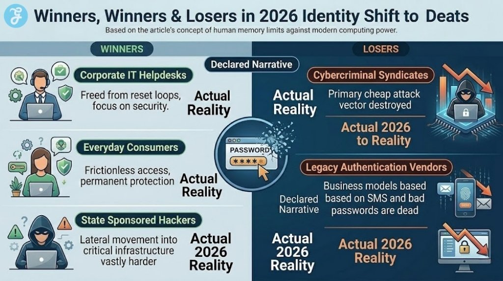 Strategic infographic predicting winners and losers in the 2026 shift to passwordless authentication.
