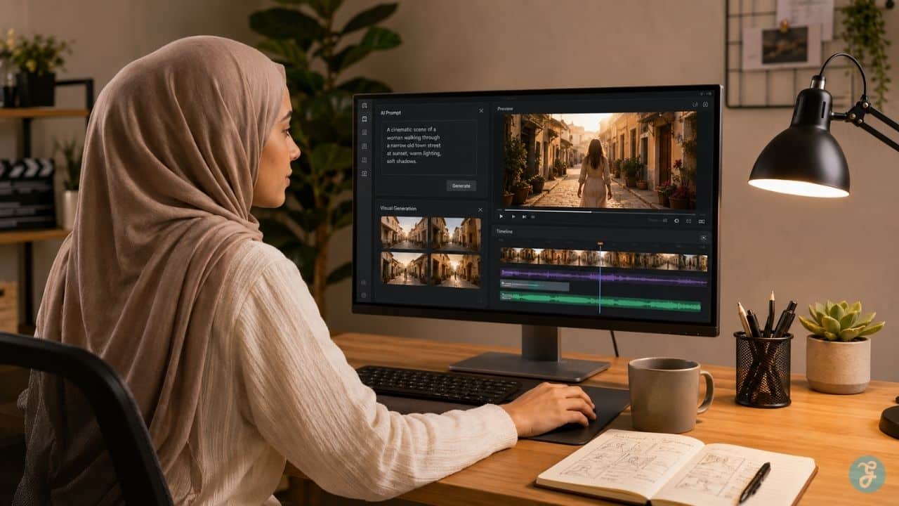 AI video creation guide showing a creator workspace with video timeline and AI tools