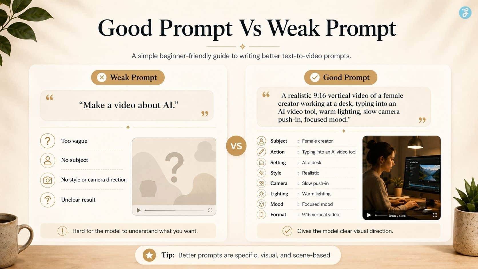 Weak prompt versus strong text-to-video AI prompt example