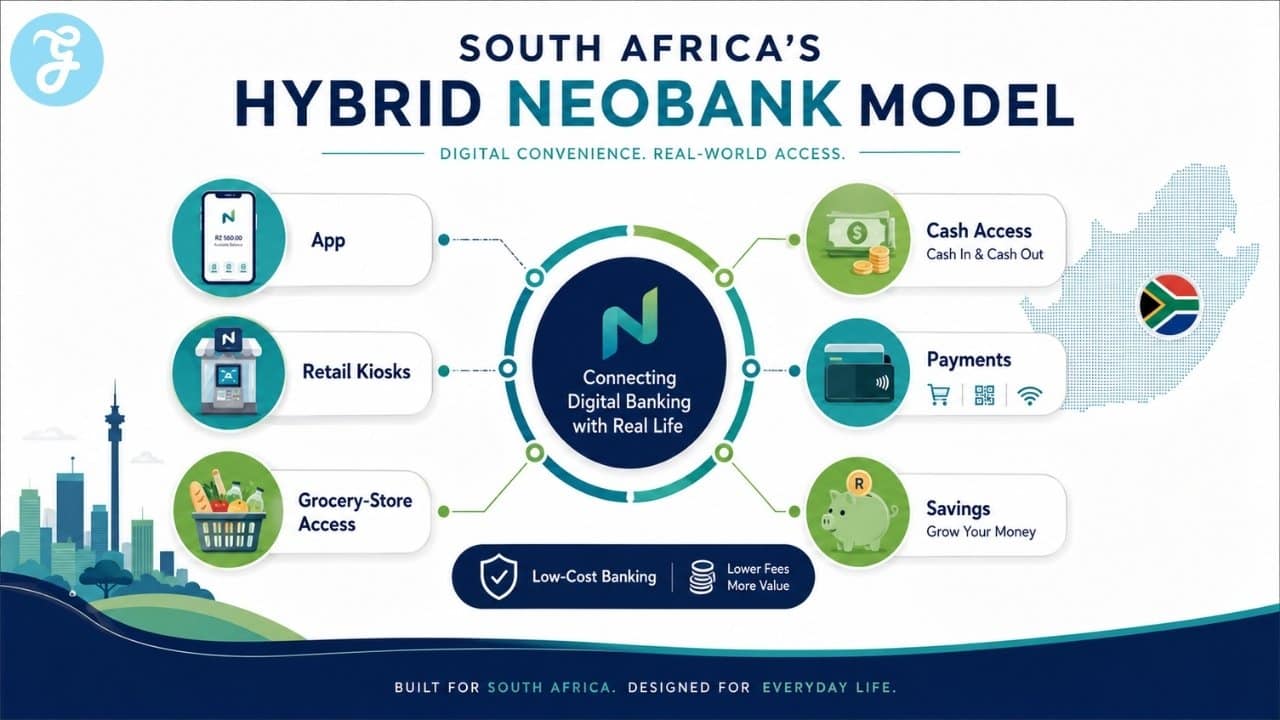 Infographic explaining South Africa’s hybrid neobank model, connecting mobile app banking, retail kiosks, grocery-store access, cash services, payments, and savings tools.