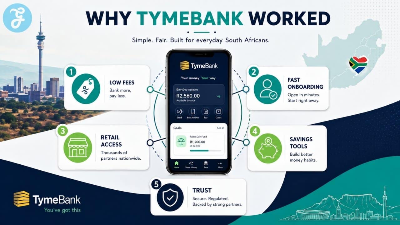 Clean infographic showing why TymeBank worked in South Africa, highlighting low fees, fast onboarding, retail access, savings tools, and trust as key neobank success factors.