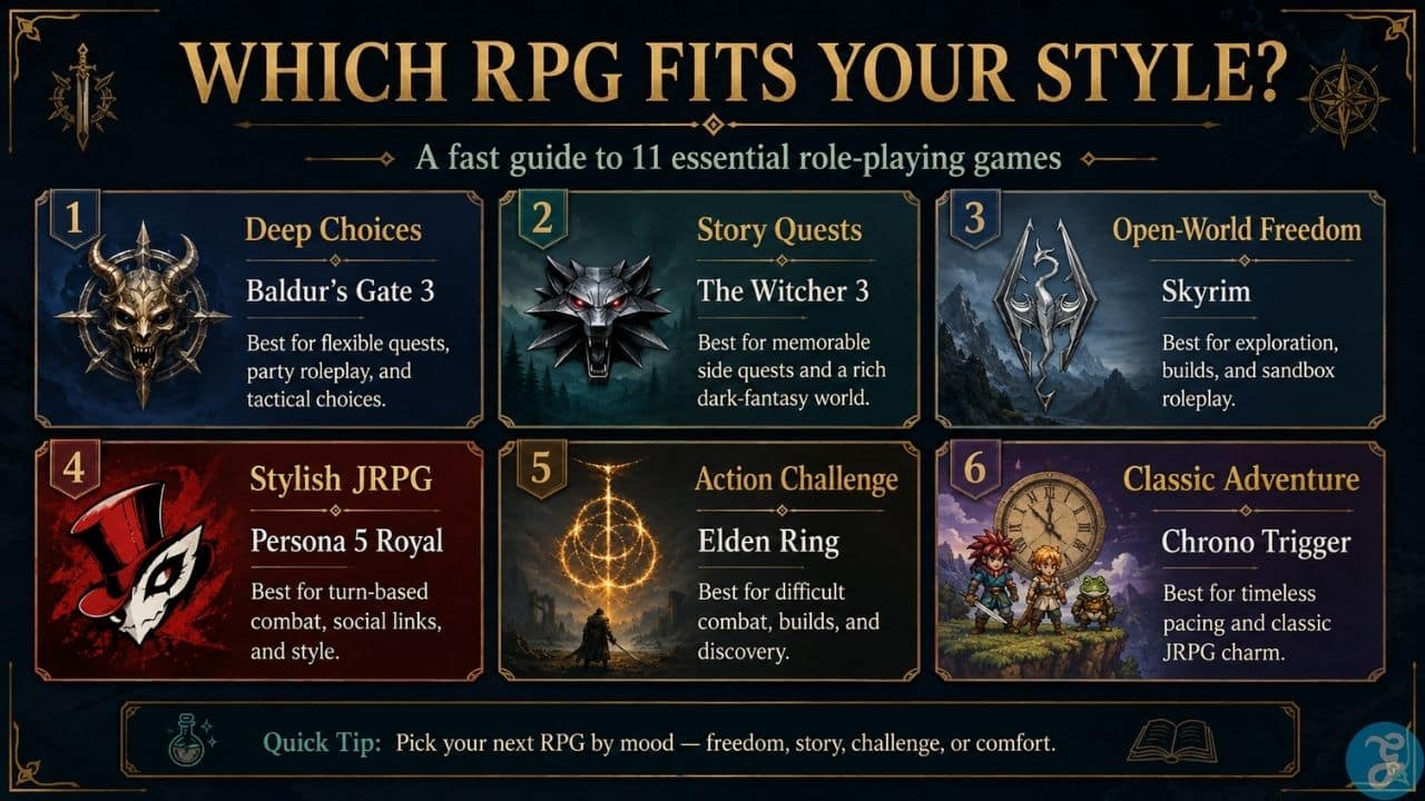 Infographic showing which RPG fits different player styles, including deep choices, story quests, open-world freedom, and classic adventure.