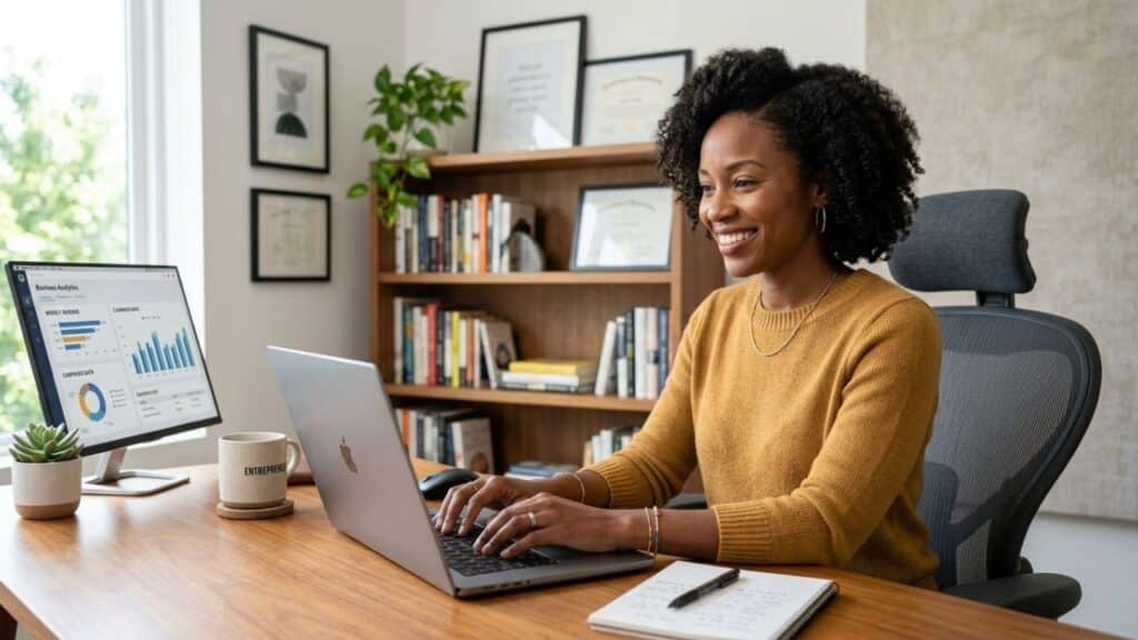 A Female Digital Creator known as Internet Chicks Working With Her Laptop in a Modern Office