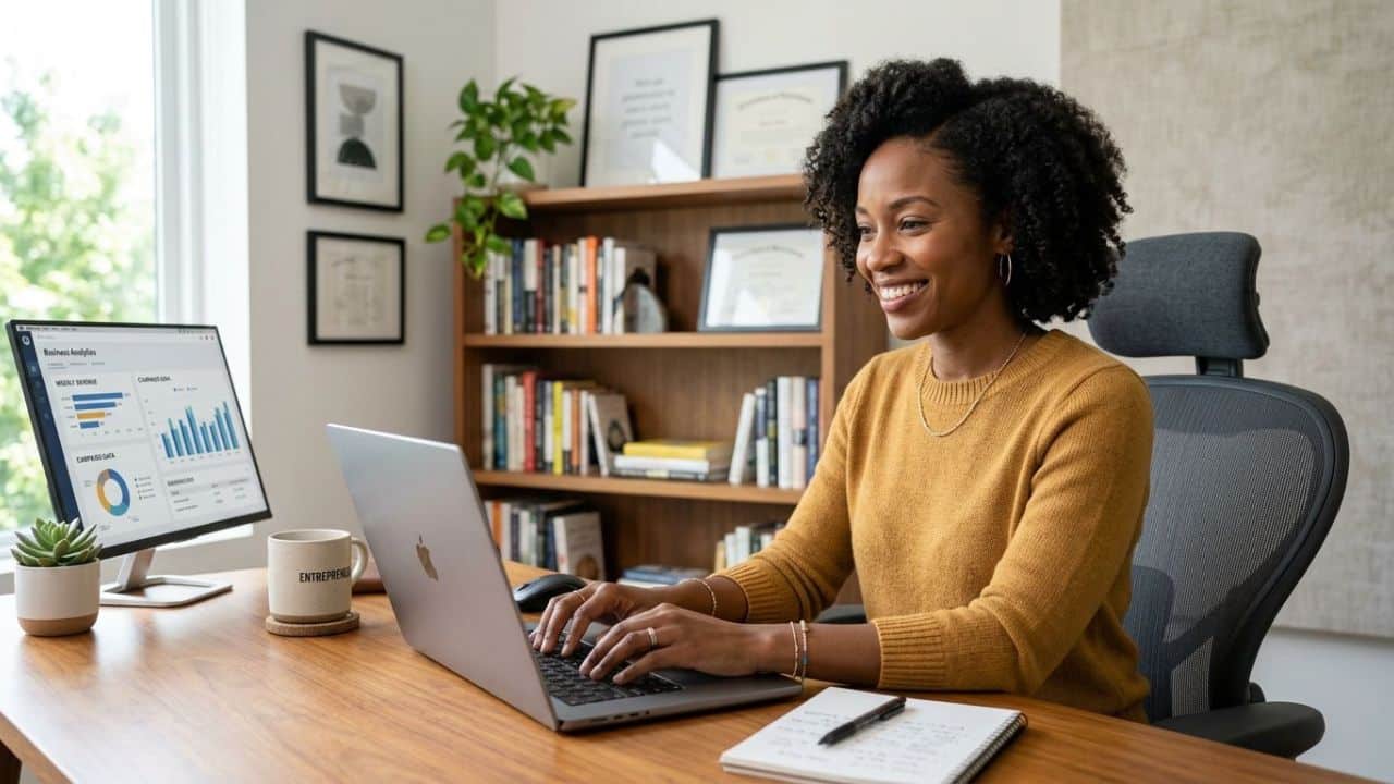 A Female Digital Creator known as Internet Chicks Working With Her Laptop in a Modern Office