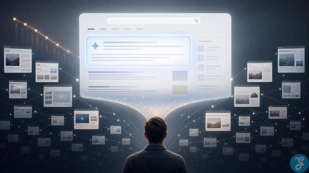 Infographic showing the shift from open web discovery to on-platform AI answers, with fewer outbound clicks and higher risk for small publishers.