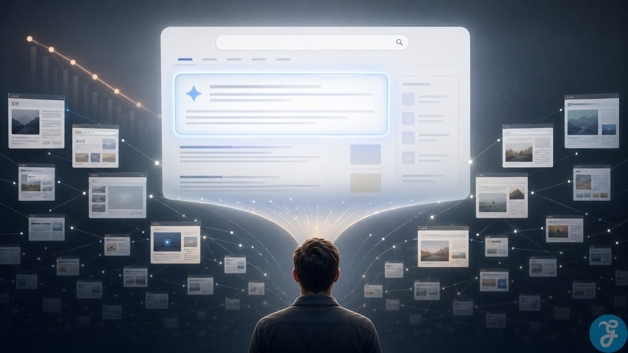 Infographic showing the shift from open web discovery to on-platform AI answers, with fewer outbound clicks and higher risk for small publishers.