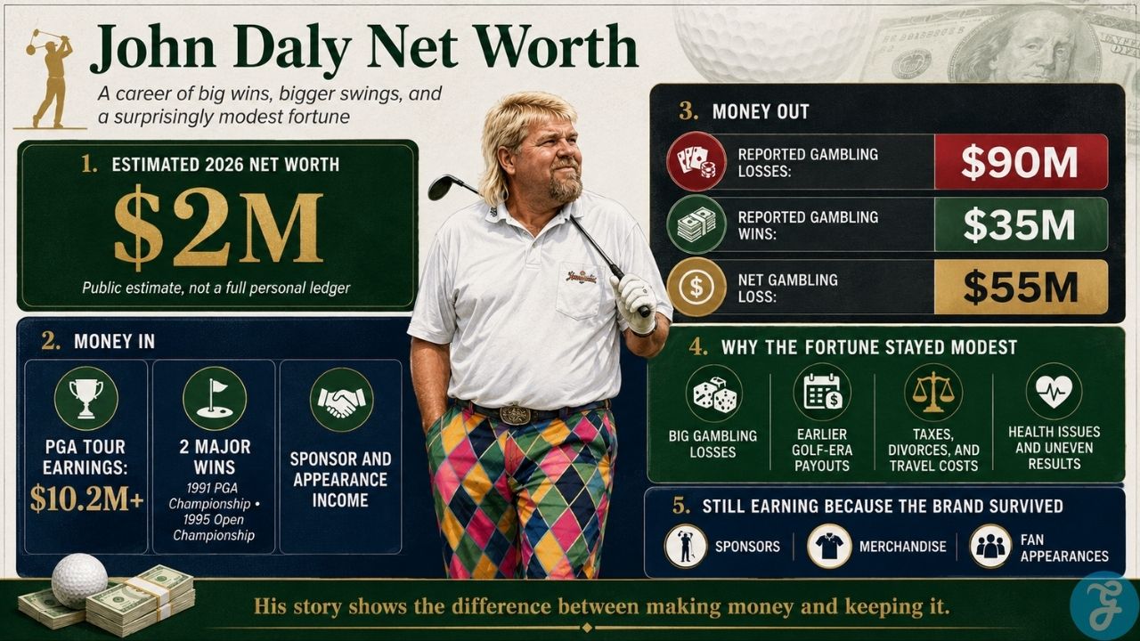 John Daly net worth in 2026 infographic showing the business of his golf fame, career earnings, gambling losses, and lasting brand value.
