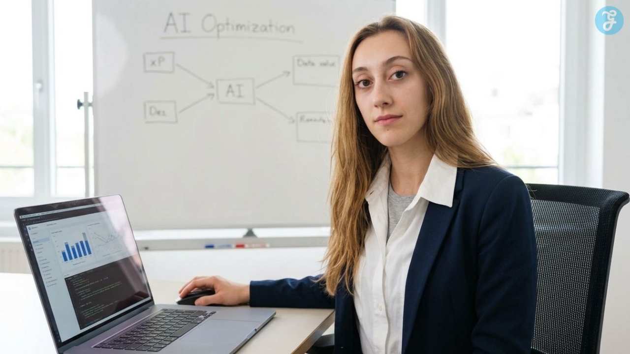 Woman reviewing search analytics on a laptop while planning an AI crawler optimization strategy in a modern office.