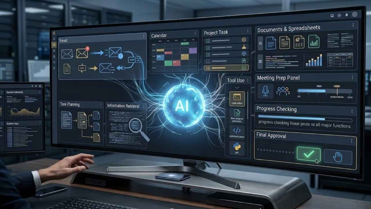 AI productivity agents managing email, calendars, project tasks, documents, and approval workflows through a connected workplace dashboard.