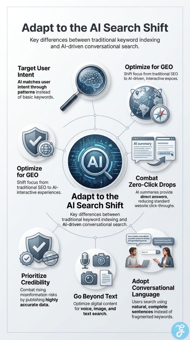 Infographic showing how marketers can adapt to AI search with intent optimization, conversational content, GEO, multimodal formats, and accurate information.