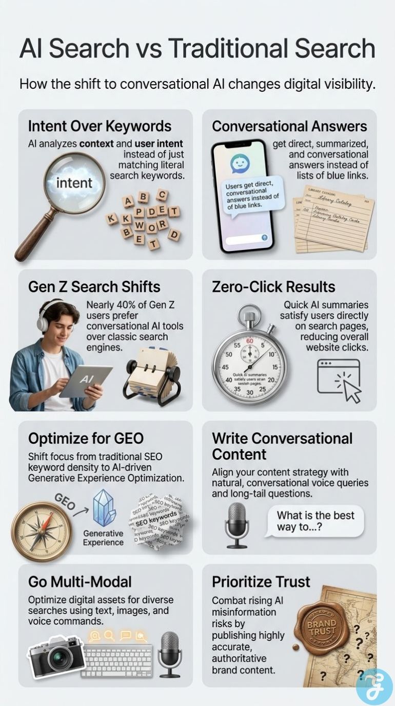 Infographic comparing AI search and traditional search through user intent, conversational answers, zero click results, GEO, and multimodal content.
