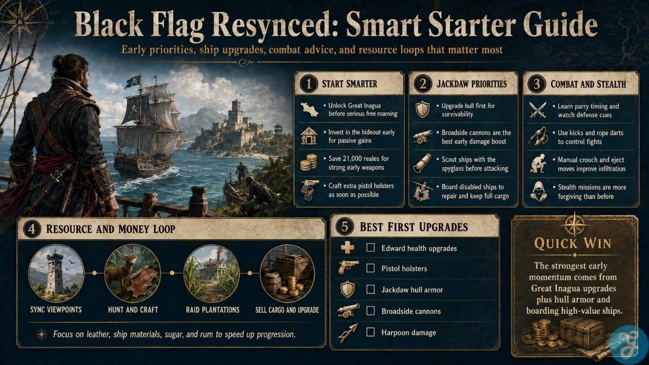 Infographic showing early priorities, Jackdaw upgrades, combat tactics, resource gathering, and the best first upgrades in Black Flag Resynced.