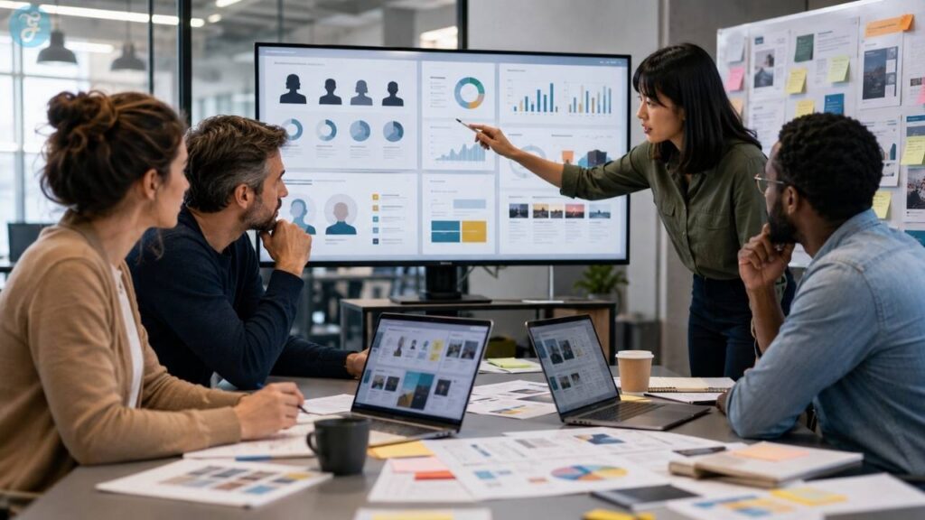 Publishing team analyzing reader data and audience profiles for Audience Persona Development for Publishers in a modern office.