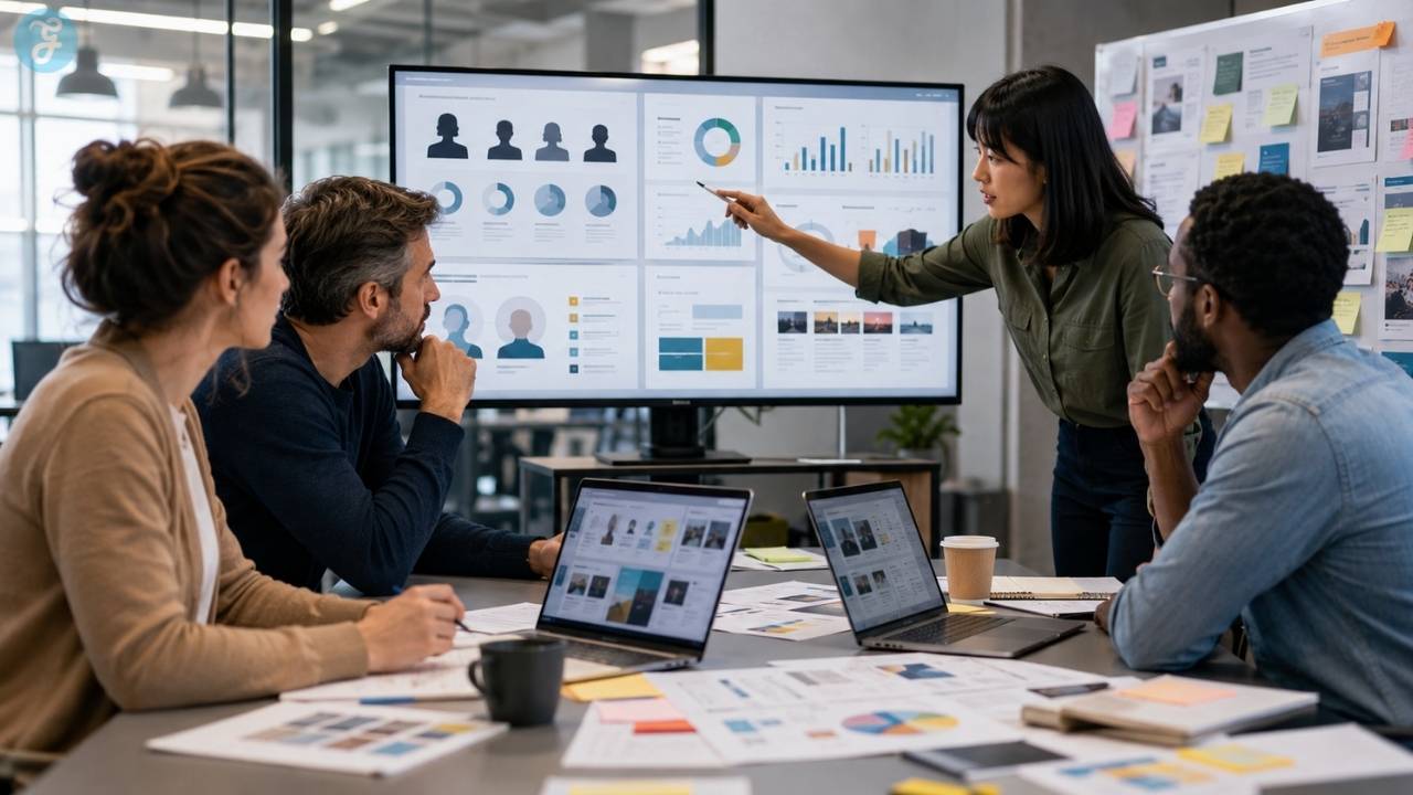 Publishing team analyzing reader data and audience profiles for Audience Persona Development for Publishers in a modern office.