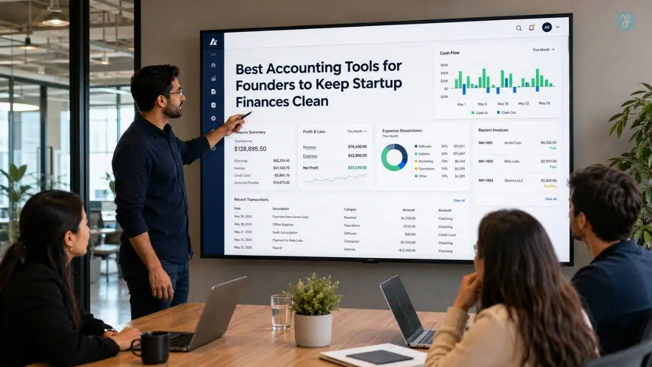 Founder comparing the Best Accounting Tools for Founders on a startup finance dashboard