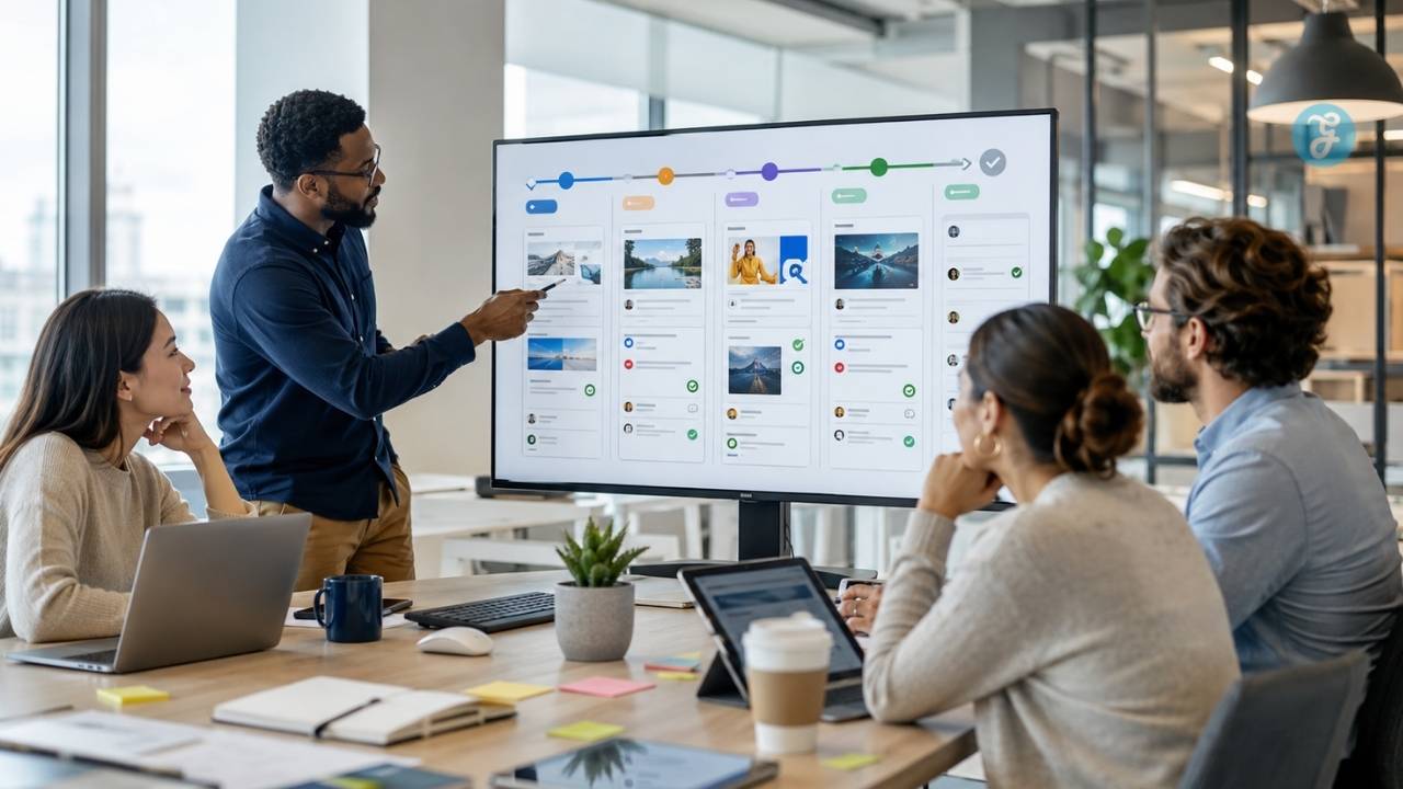 Content Approval Workflows team reviewing a scalable editorial approval process on a large office screen.