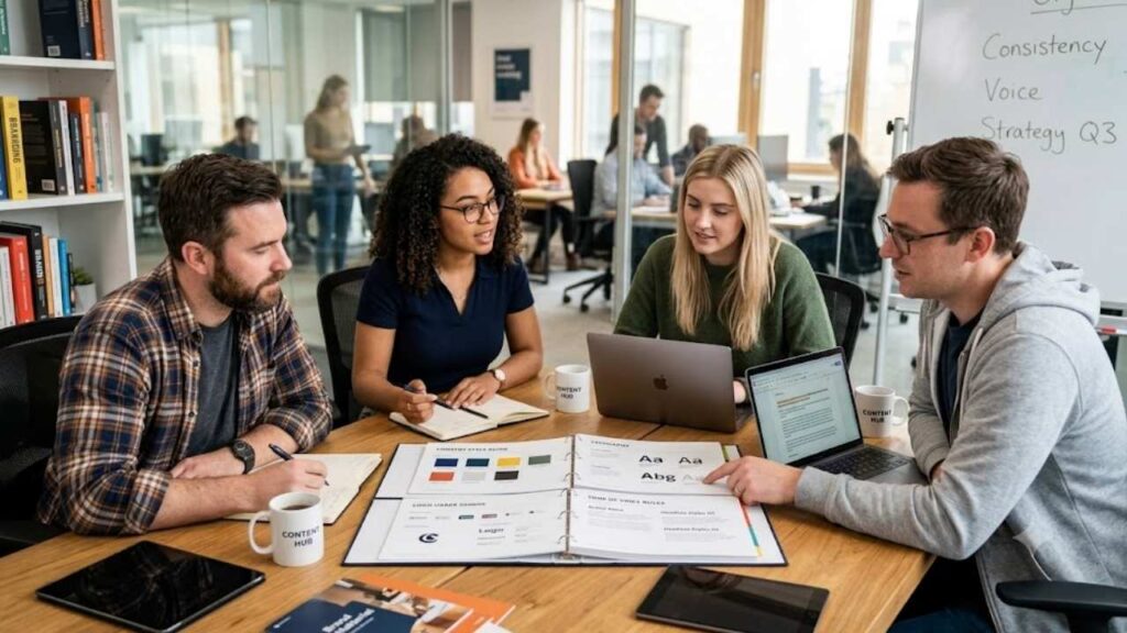 A team in a modern office uses a binder to establish style guides for content teams.