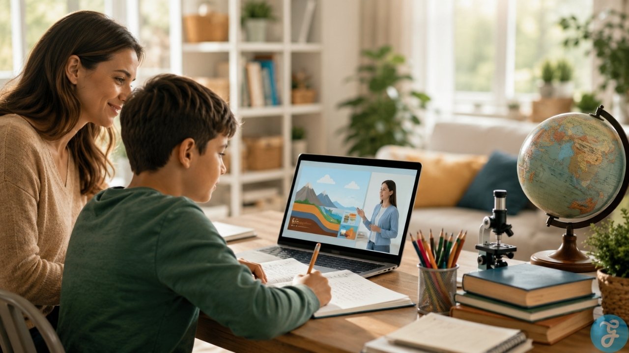 Educational YouTube Channels for Homeschool Learning featured image. Parent guides a child using an educational video with notes and learning tools, showing active homeschool study rather than passive screen time.