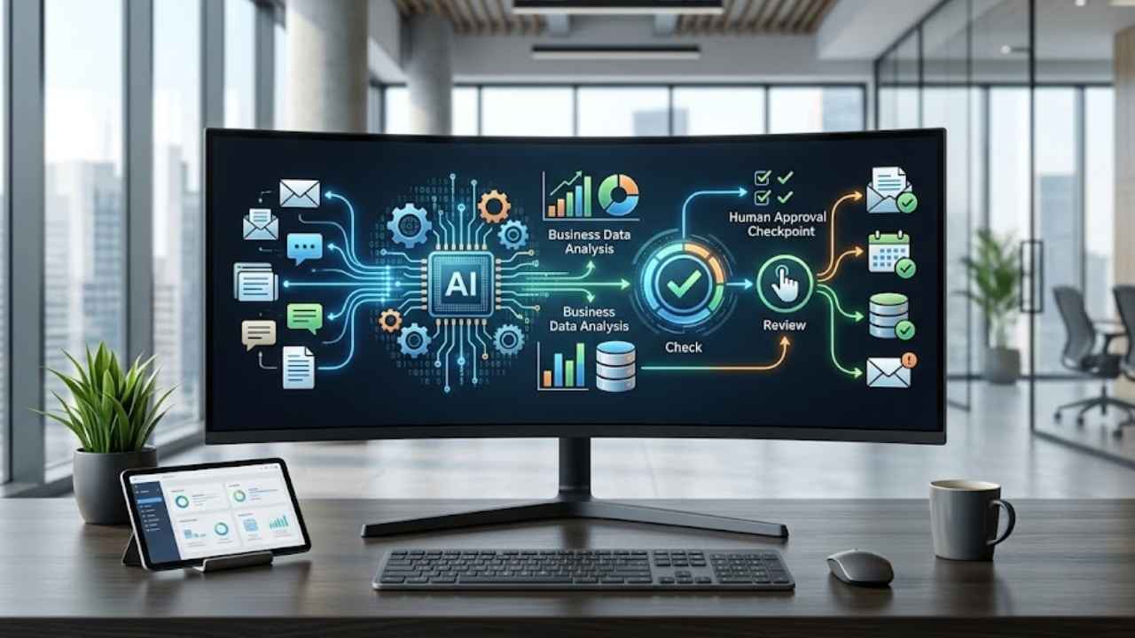 Flowchart on a monitor showing AI task automation architecture with business data analysis and human approval checkpoint.