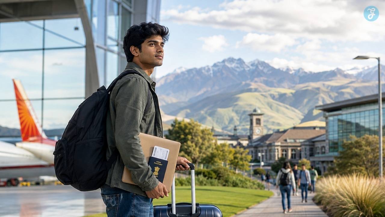 Indian student with luggage arriving in New Zealand for university studies, with an airport, campus buildings, and mountains in the background.