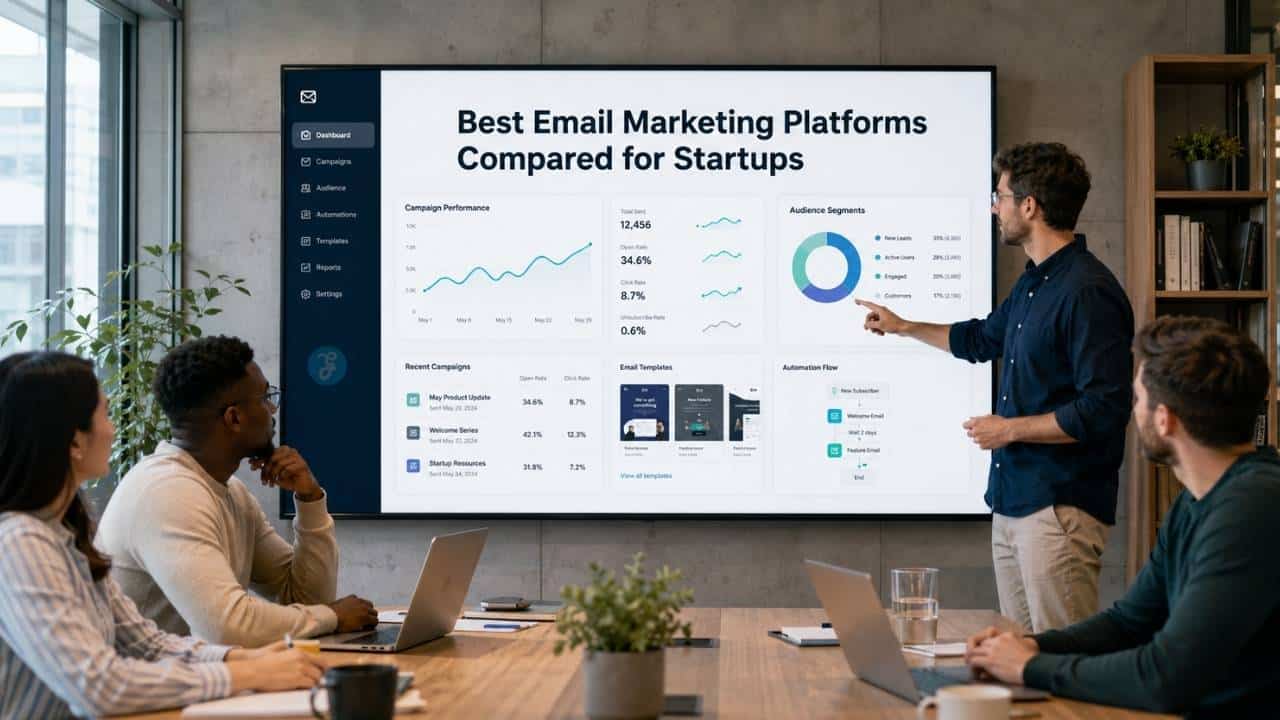 Startup founder comparing the Best Email Marketing Platforms on a campaign analytics dashboard