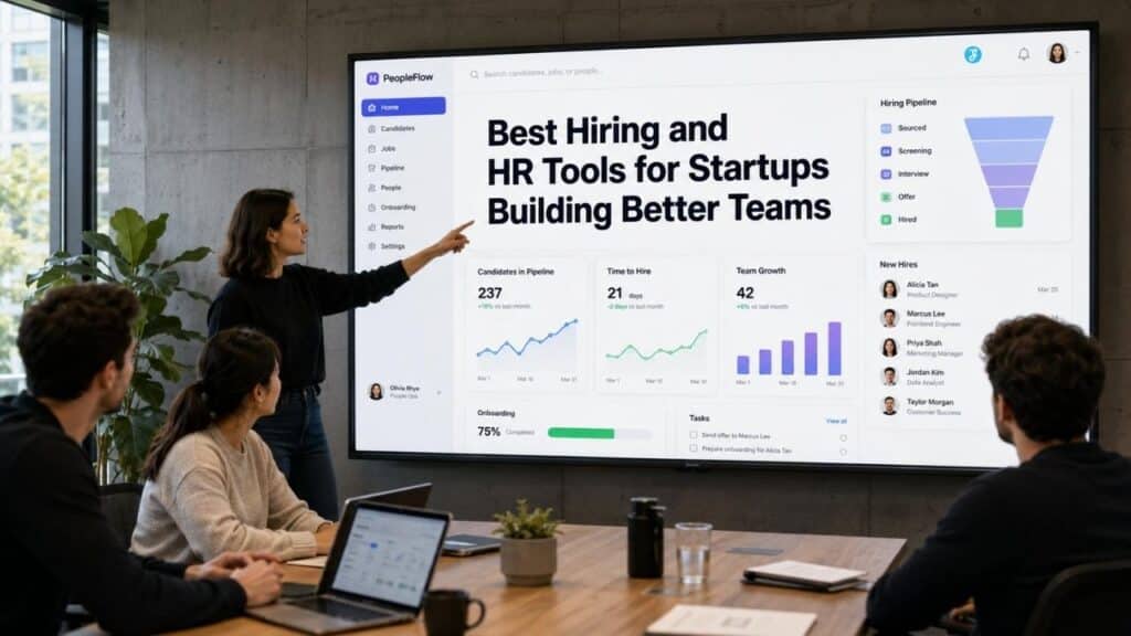 Founder comparing the Best Hiring and HR Tools for Startups on a modern HR dashboard