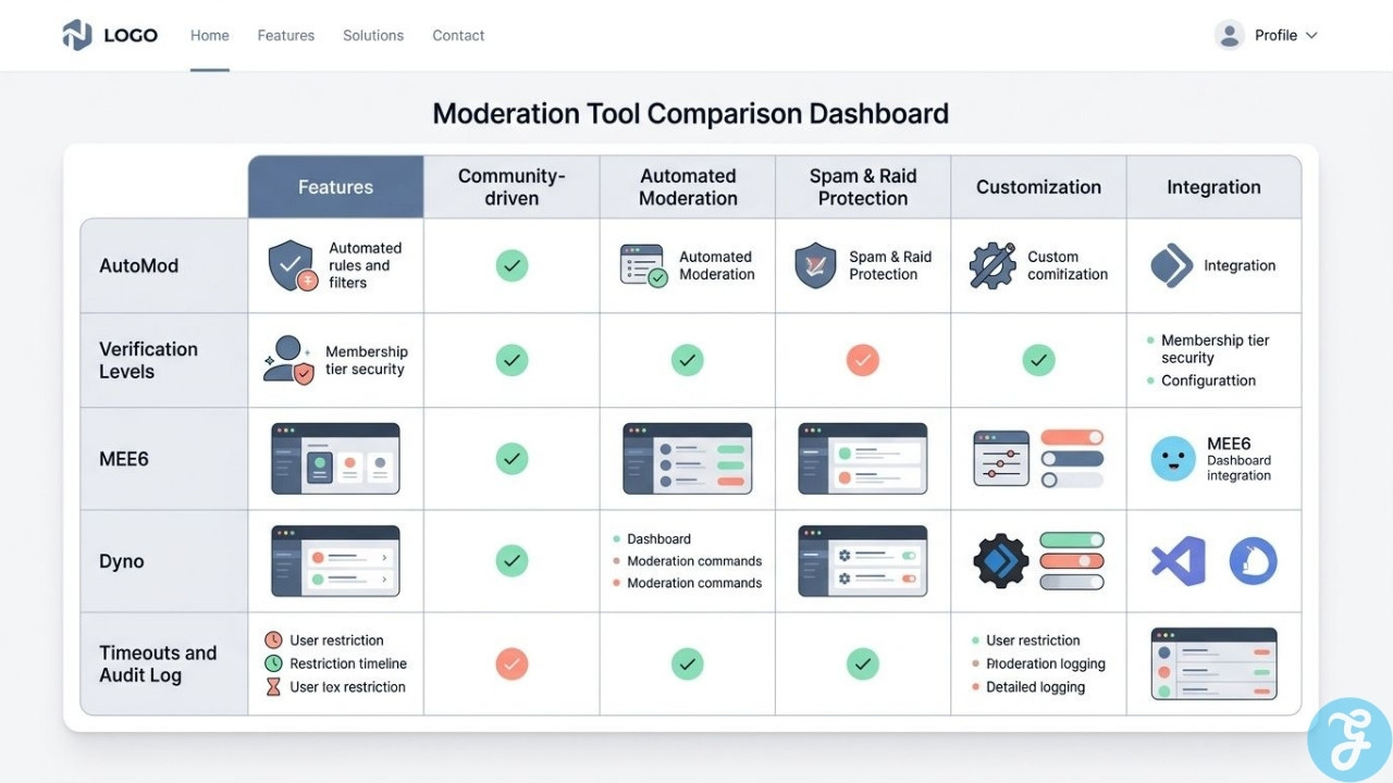 Dashboard comparing Discord moderation tools for spam control, raid protection, verification, and community management.