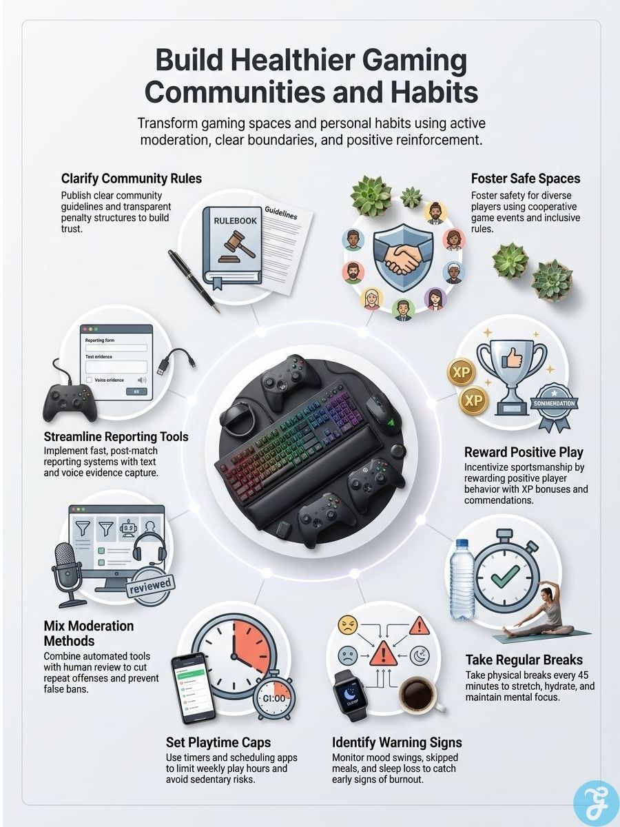 Infographic explaining community rules, reporting tools, positive play, moderation, breaks, and healthy gaming habits.