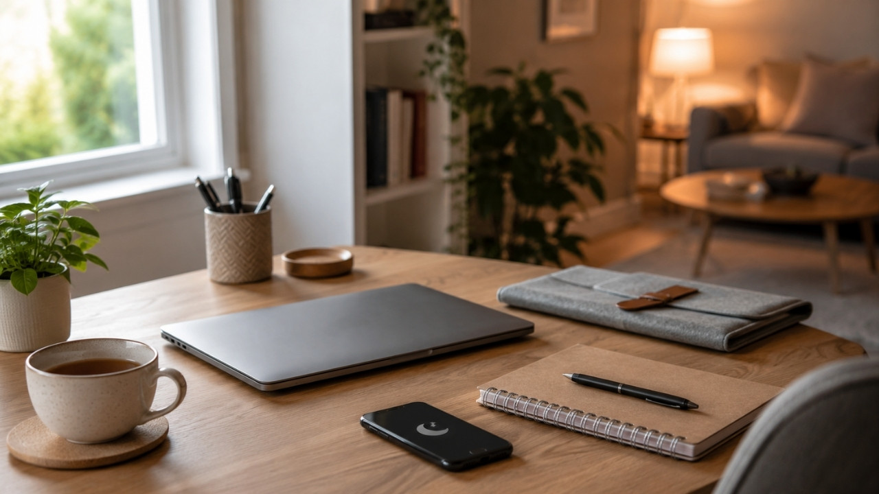Remote work boundaries shown through a closed laptop, silenced phone, and calm home workspace that separates work time from personal rest.