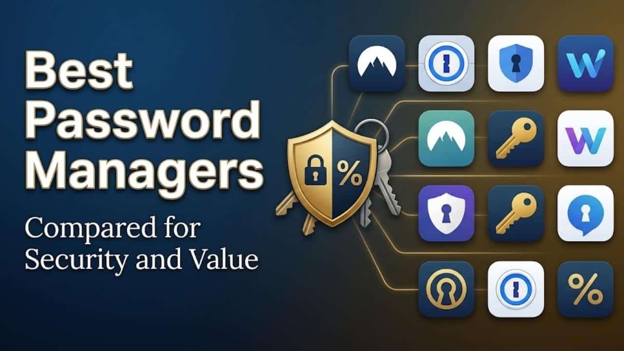 A guide comparing best password manager software for their security features, value, and plans, featuring a secure shield and app icons