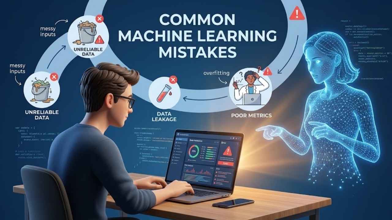 Common Machine Learning Mistakes: illustration of a beginner working on an ML project with unreliable data, data leakage, overfitting, and poor model metrics.