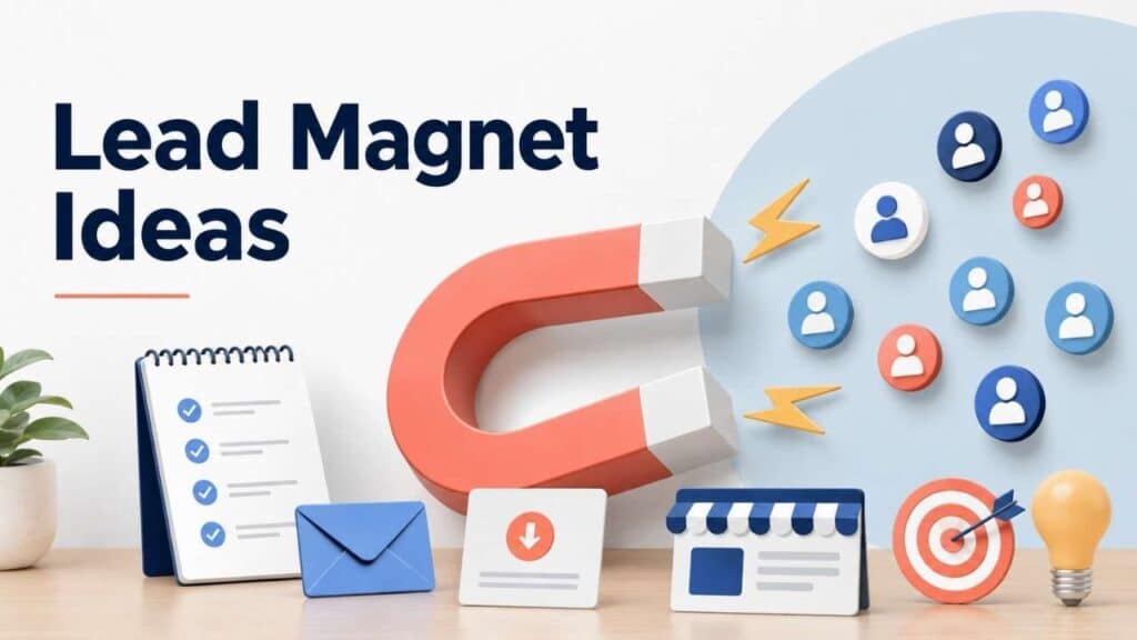 Lead magnet ideas illustrated by a magnet attracting potential customers, with email, checklist, download, landing page, target, and lightbulb icons.
