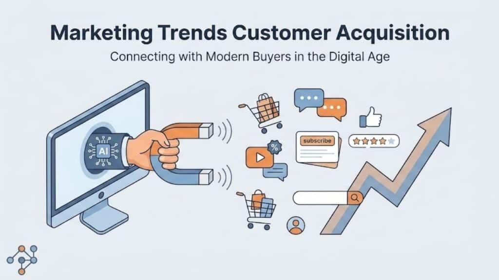 An infographic illustrating "Marketing Trends Customer Acquisition" with a hand holding a magnet labeled AI emerging from a computer screen and attracting various digital icons.