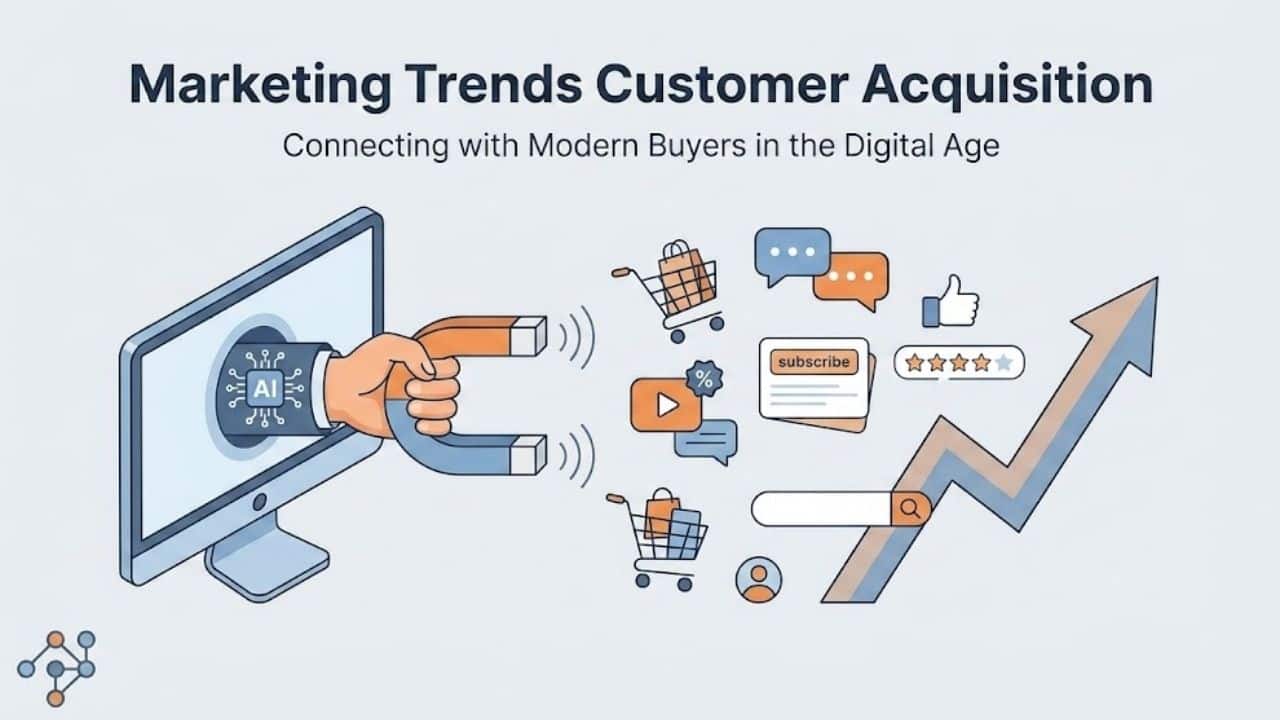 An infographic illustrating "Marketing Trends Customer Acquisition" with a hand holding a magnet labeled AI emerging from a computer screen and attracting various digital icons.