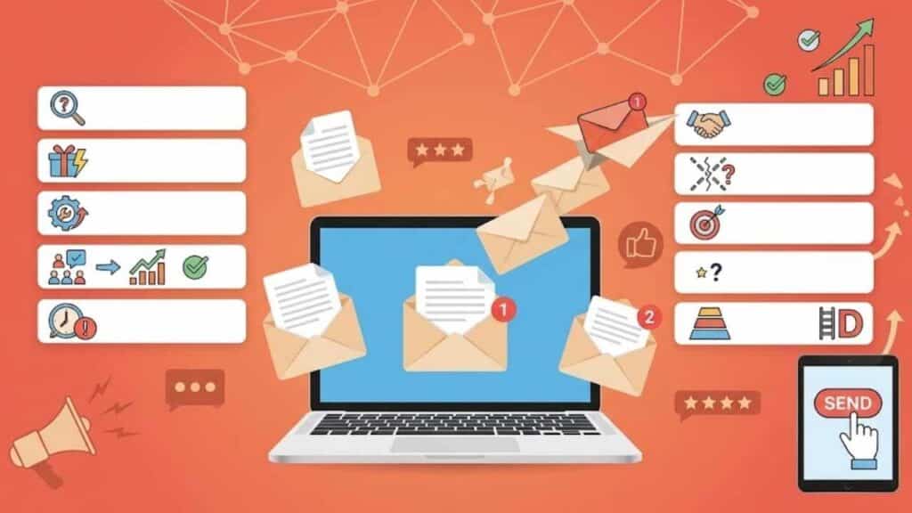 Email subject line formulas illustrated through an email marketing dashboard with message icons, engagement signals, and performance indicators