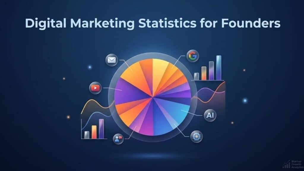 Informational visualization with a large central pie chart and modern surrounding graphics, illustrating 2026 digital marketing statistics and channel allocation benchmarks for business founders.