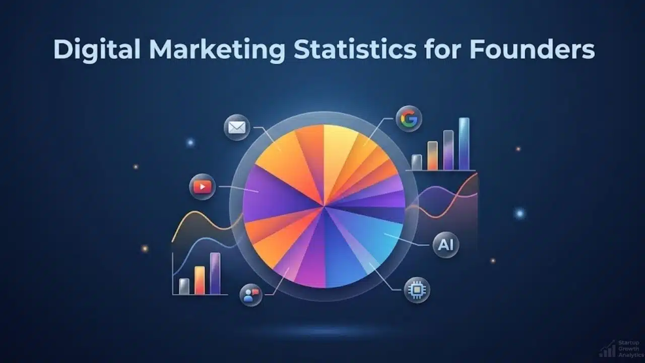 Informational visualization with a large central pie chart and modern surrounding graphics, illustrating 2026 digital marketing statistics and channel allocation benchmarks for business founders.