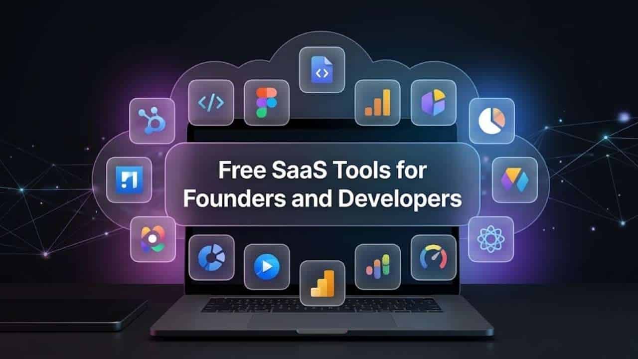 A collection of colorful tech icons representing free SaaS tools for founders and developers surrounds a laptop on a glowing background